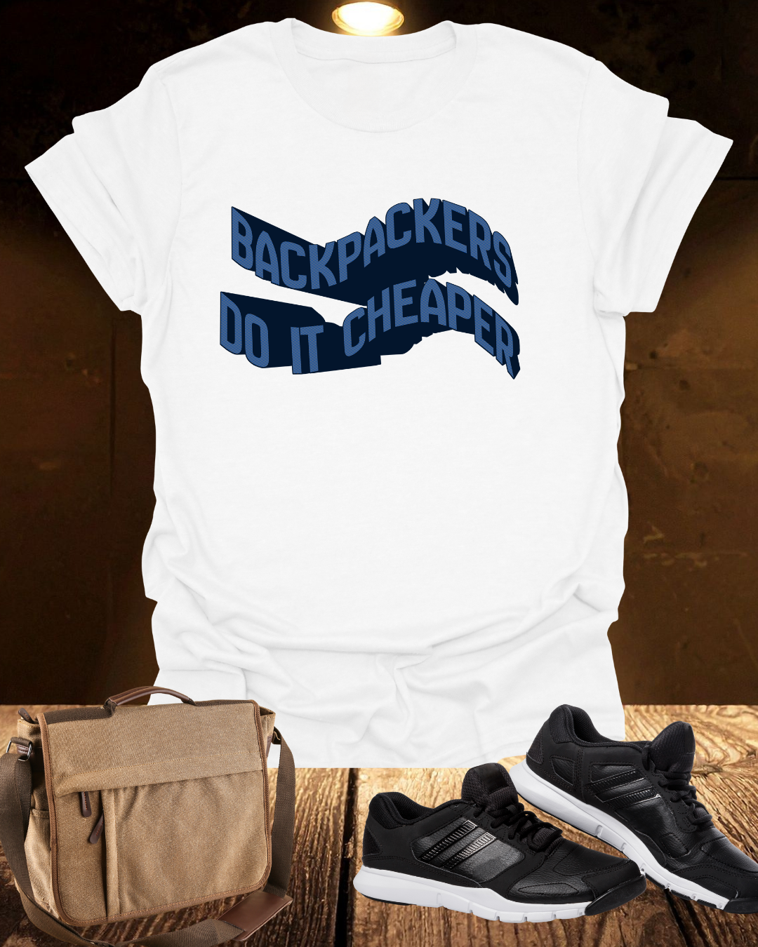 Wavy "Backpackers Do It Cheaper" Graphic T‑Shirt — Budget Travel Quote Tee