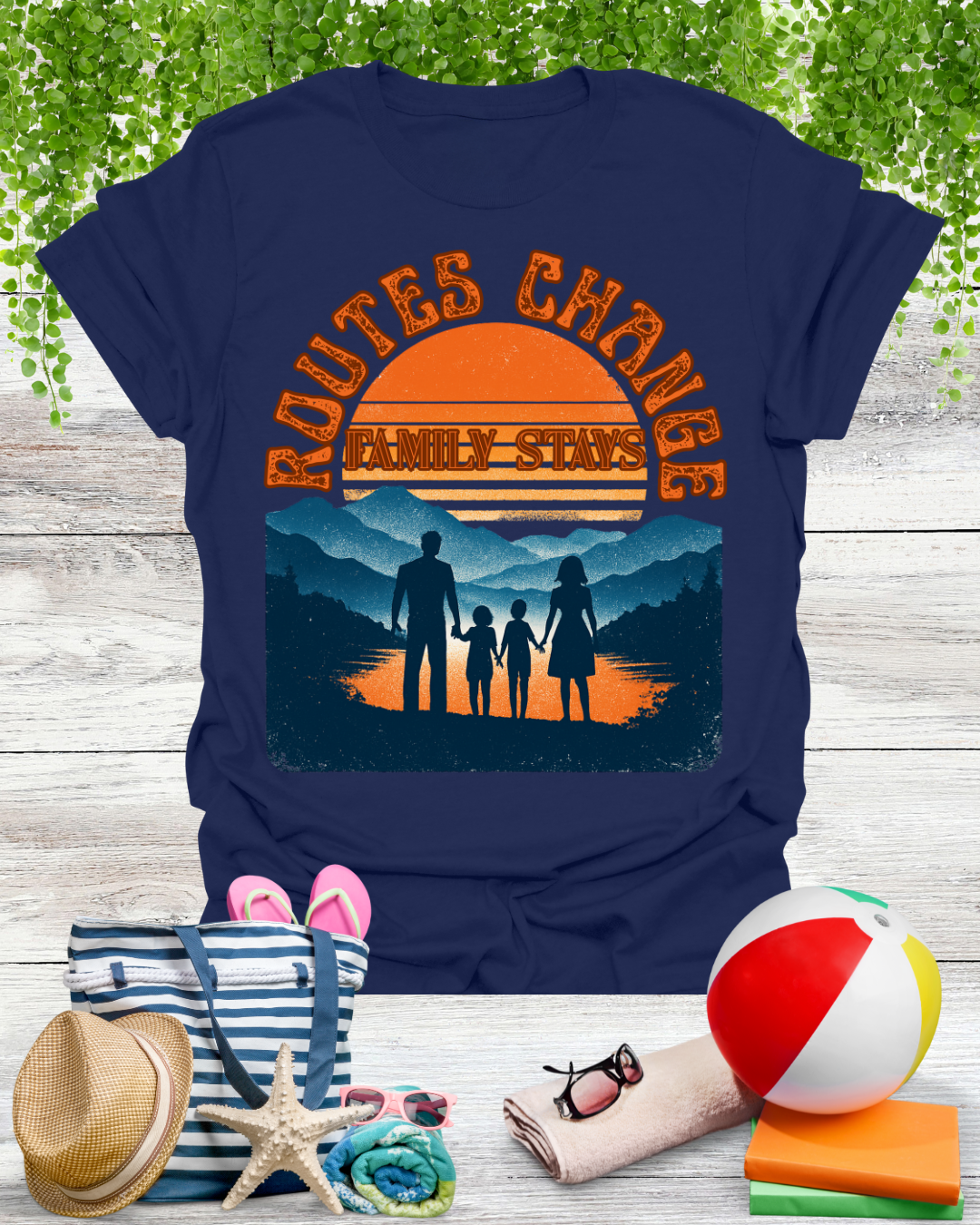 Family Sunset Camping T-Shirt – "Routes Change, Family Stays" Outdoor Adventure Tee