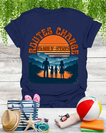 Family Sunset Camping T-Shirt – "Routes Change, Family Stays" Outdoor Adventure Tee