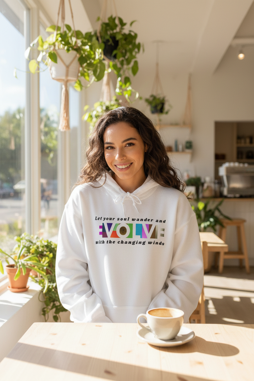 EVOLVE Hoodie White - Bohemian Cafe Mockup