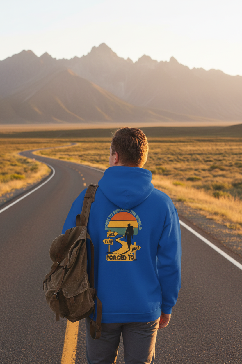 Forced To Lake Camp Hoodie - Mountain Road with Backpack Mockup