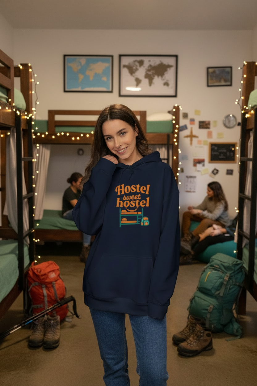 Hostel Sweet Hostel - Navy Hoodie with Blue Jeans