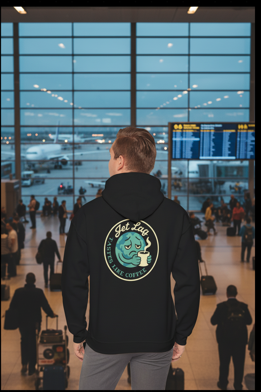 Jet Lag Tastes Like Coffee - Black Hoodie Back Airport Mockup