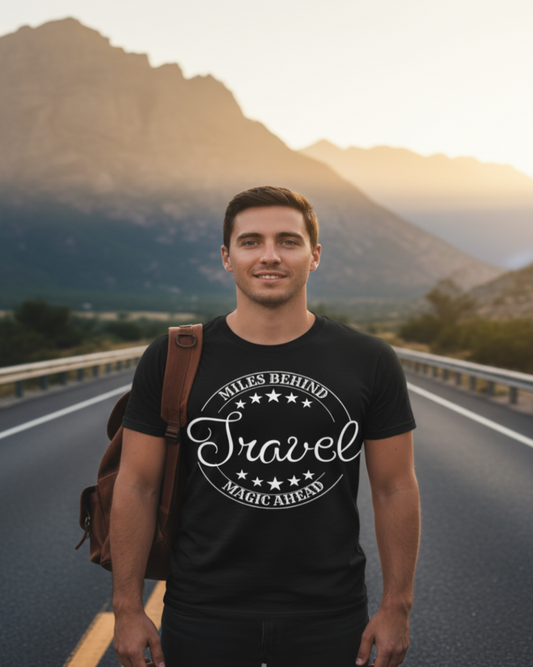 Miles Behind Magic Ahead Wide Design Black Tee