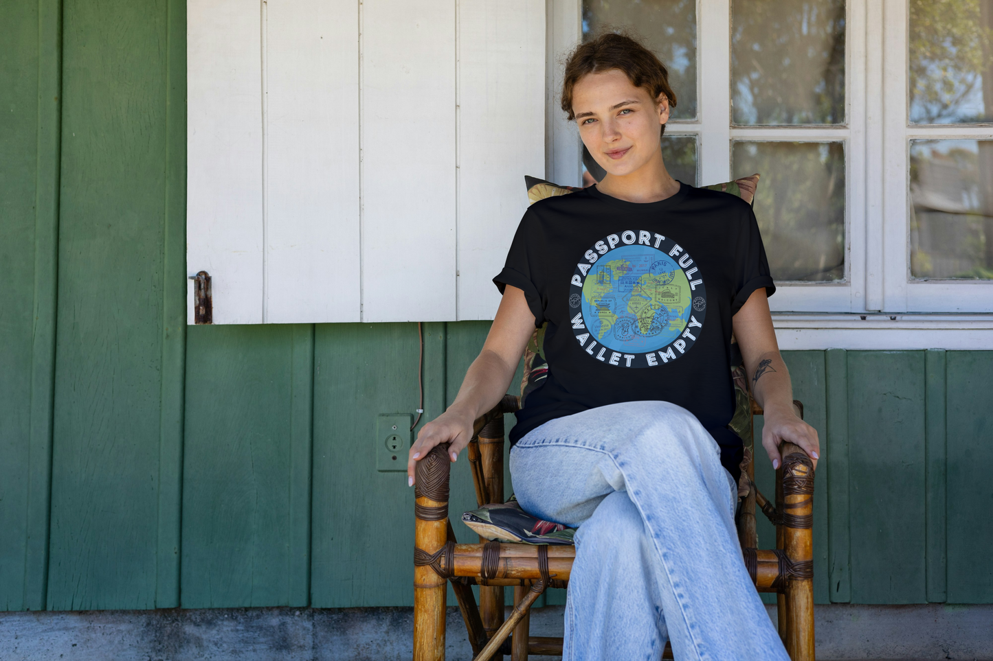Travel T-Shirt — “Passport Full, Wallet Empty” with Globe Graphic Printify