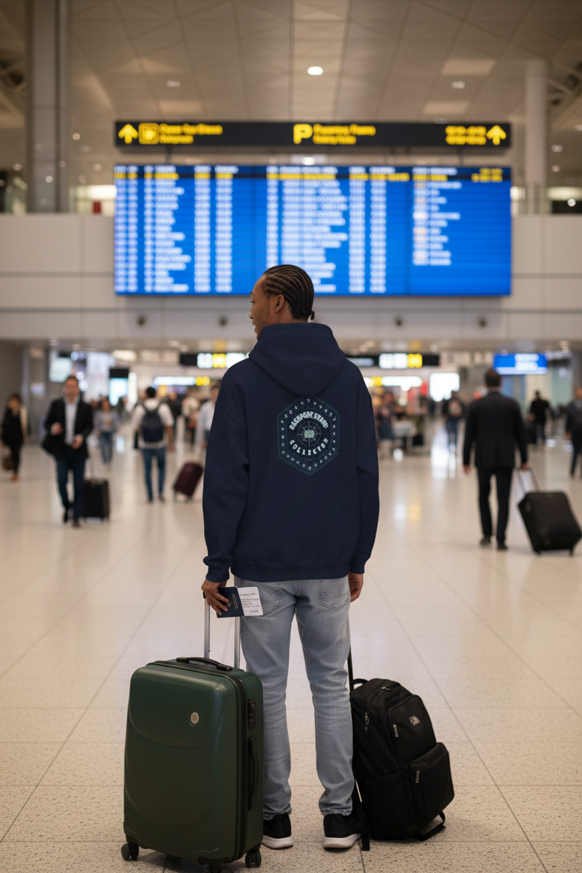 Passport Stamp Collector Hoodie - Airport Departure Hall Mockup