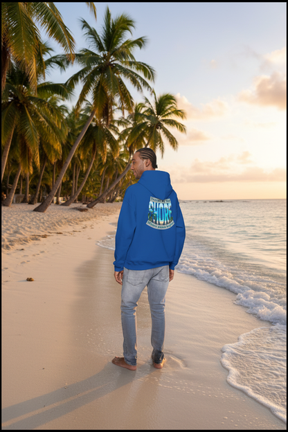 Travel by the Shore Hoodie - Tropical Shoreline Mockup
