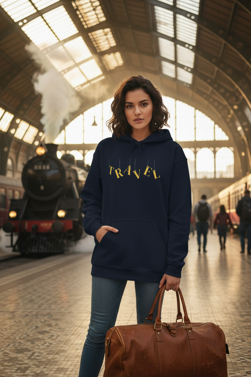 TRAVEL Gold Luggage Tag Hoodie - Vintage Train Station Mockup